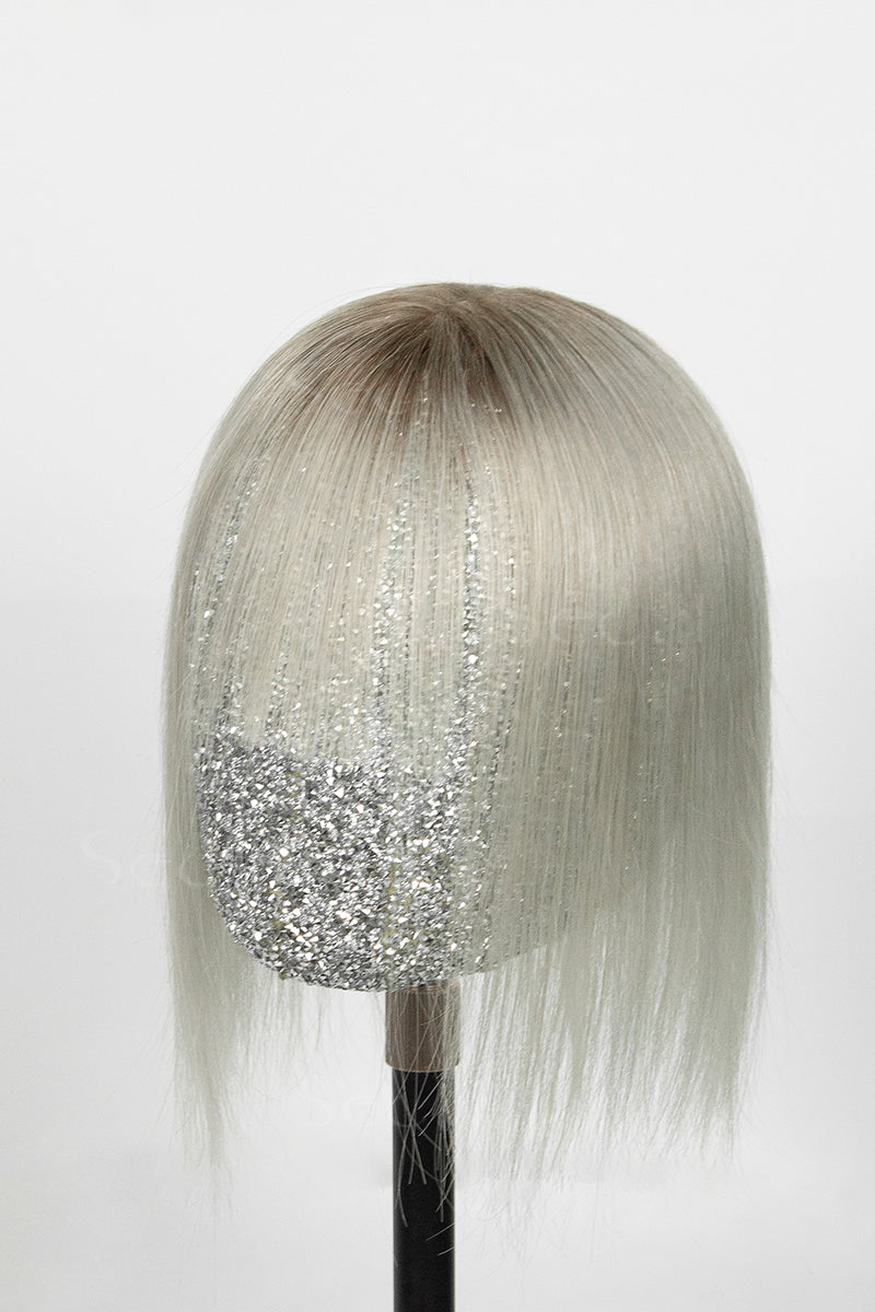 Mona-B hair topper with bangs left side angle view