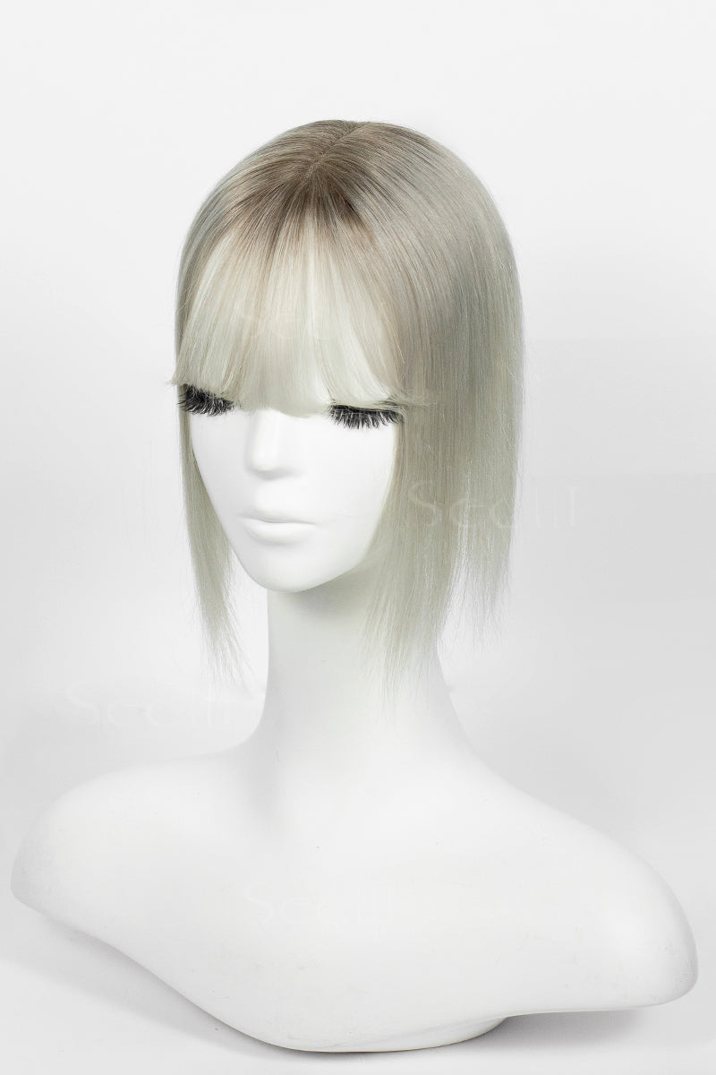 Mona-B Handmade Human Hair Topper with Bangs Silver Grey with Dark Brown Root 