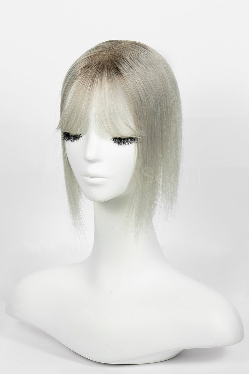 Mona-B human hair topper with bangs silver grey with dark brown root side view