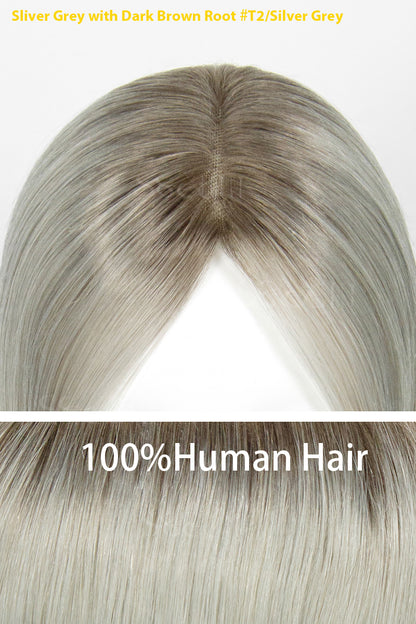 Mona-B Handmade Human Hair Topper with Bangs Silver Grey with Dark Brown Root 