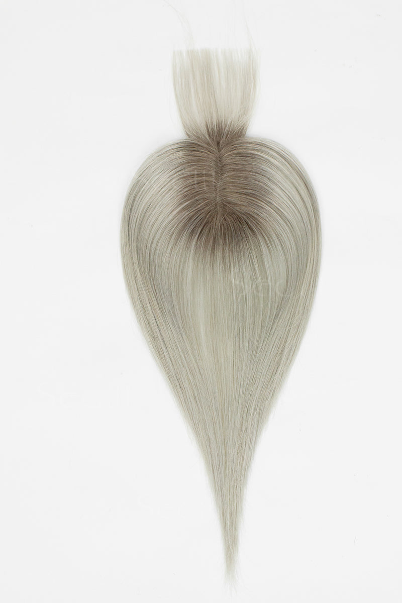 Mona-B Handmade Human Hair Topper with Bangs Silver Grey with Dark Brown Root 