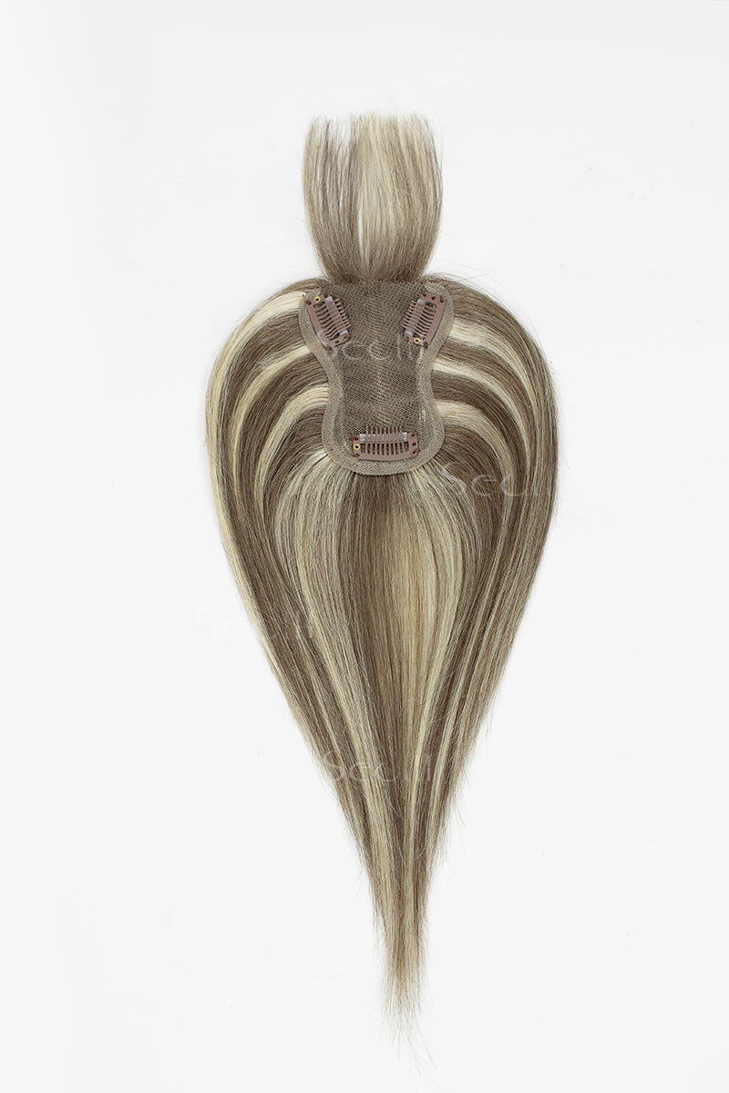 Mona-B hair topper with bangs wearing demonstration