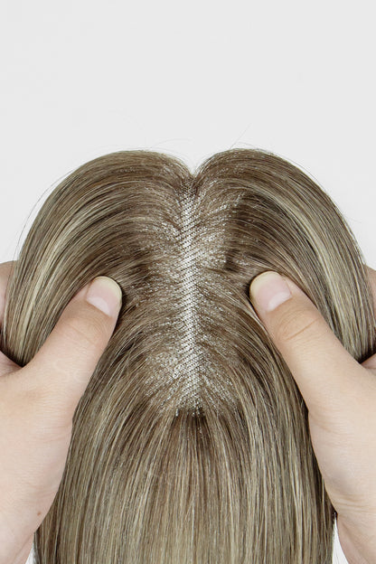 Mona-B Handmade Human Hair Topper with Bangs Brown Blonde with Medium Brown Root 