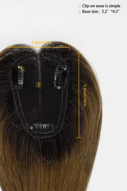 Mona Handmade Human Hair Topper Natural Black Root with Medium Ash Brown 