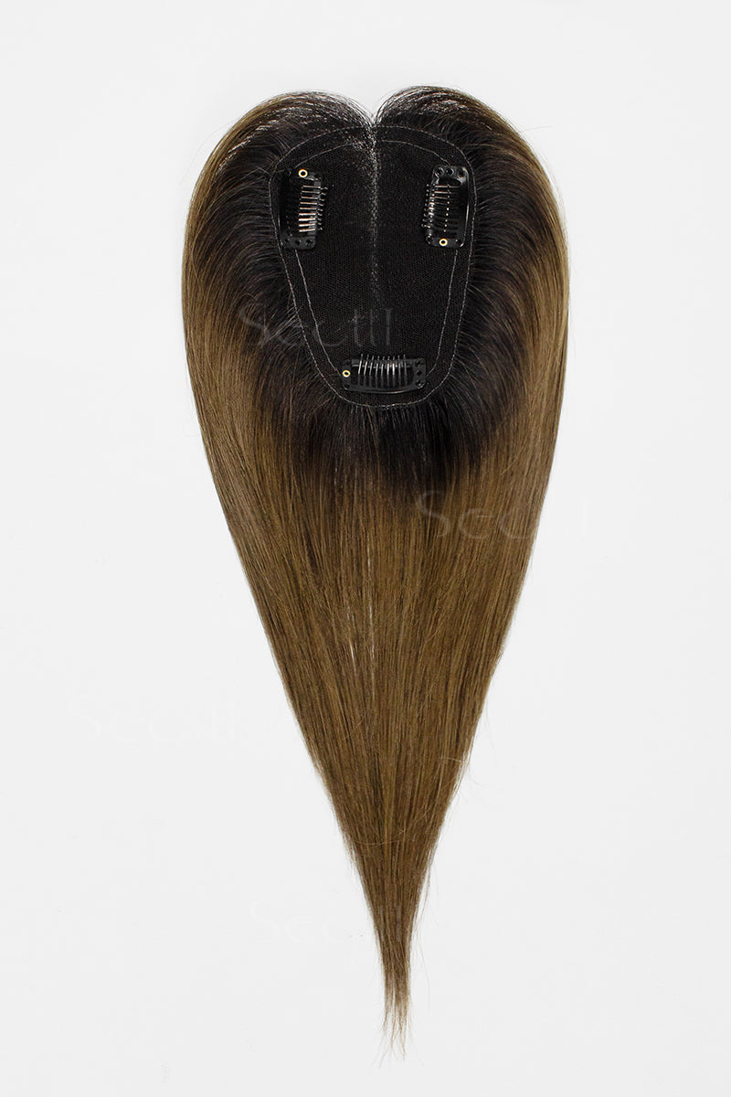 Mona Handmade Human Hair Topper Natural Black Root with Medium Ash Brown 