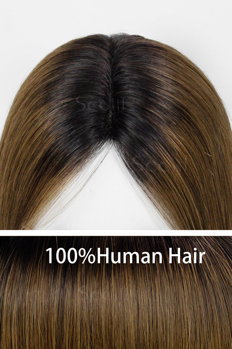 Mona Handmade Human Hair Topper Natural Black Root with Medium Ash Brown 