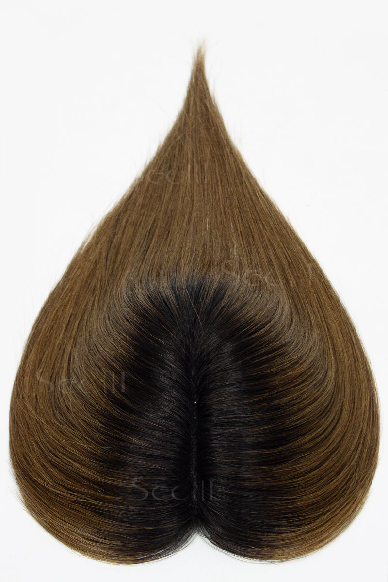 Mona Handmade Human Hair Topper Natural Black Root with Medium Ash Brown 