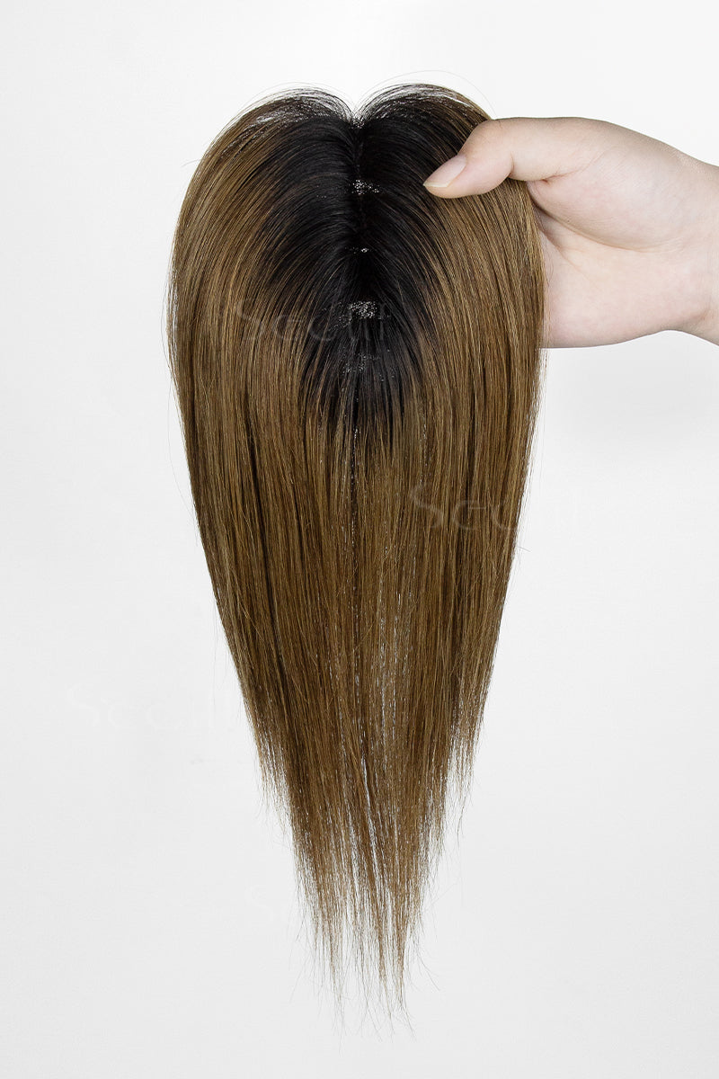 Mona Handmade Human Hair Topper Natural Black Root with Medium Ash Brown 
