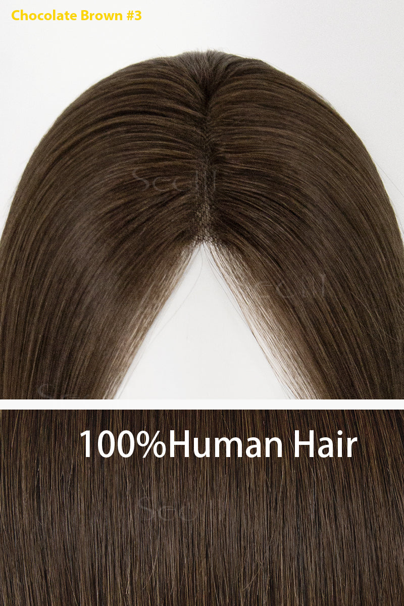 Chocolate brown hairpiece labeled as 100% human hair on a white background