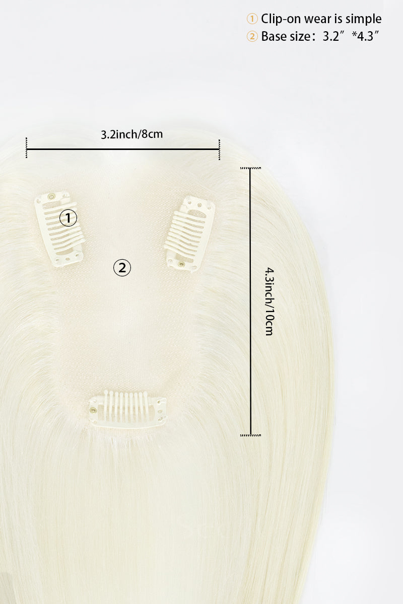 A close-up of a clip-in hair extension with three plastic clip attachments and dimension labels showing 3.2 inch width and 4.