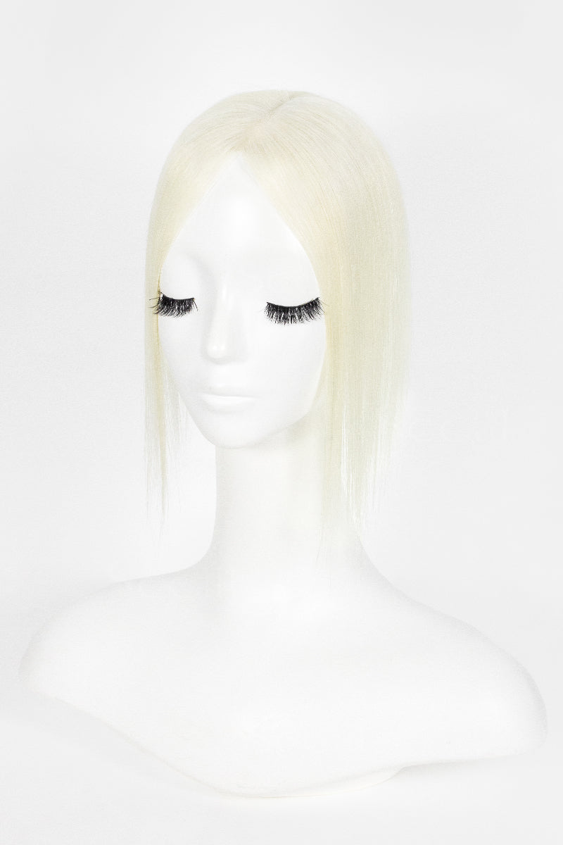 A straight, shoulder-length blonde wig displayed on a white mannequin head against a plain white background.