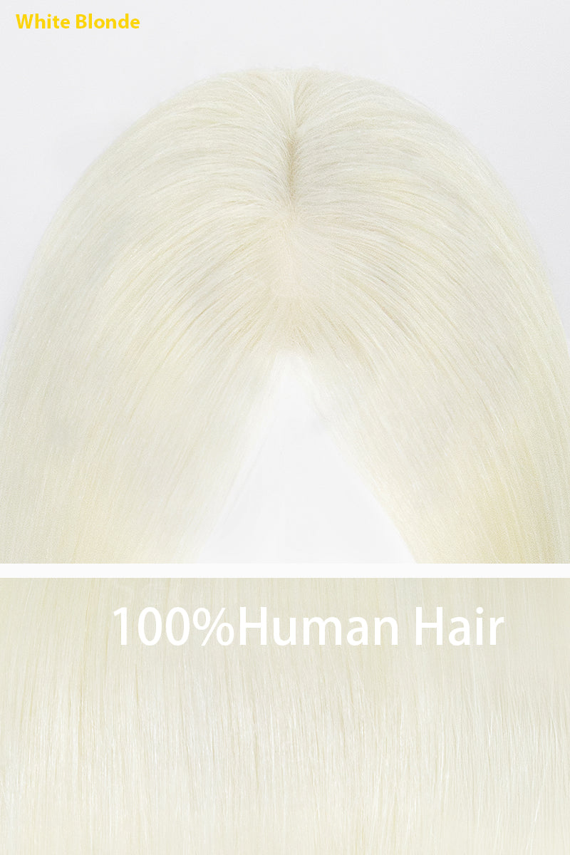 A close-up of a white blonde hair extension or wig top section with a center part, shown on a plain light background with text reading &