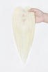 A long, straight, pointed blonde hair extension or wig piece held by a hand against a plain white background.