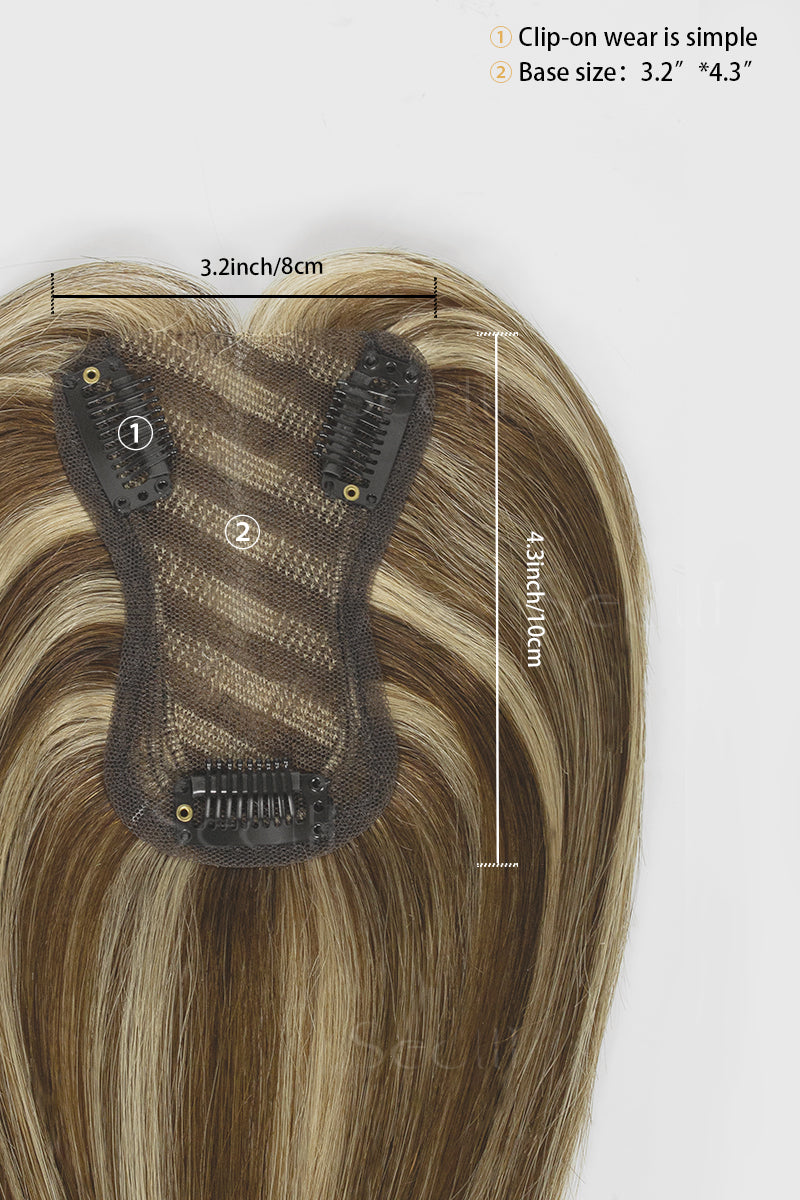 Mona Topper de Cabello Humano Hecho a Mano Castaño Medio con Reflejos Cálidos 