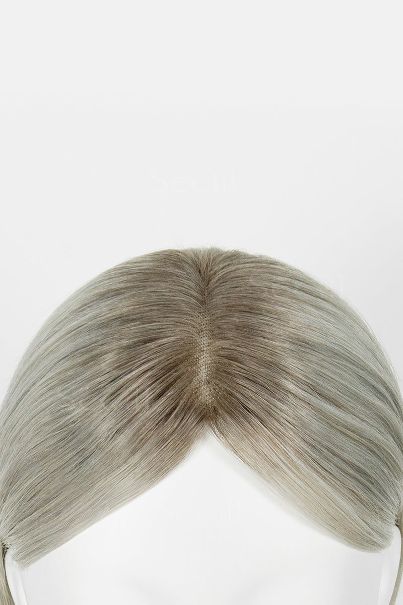 Mona Human Hair Topper Sliver Grey with Dark Brown Root 
