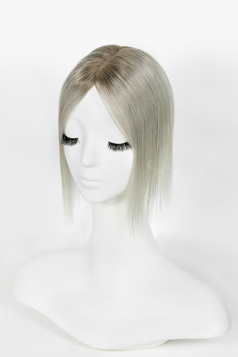 Mona Human Hair Topper Sliver Grey with Dark Brown Root 