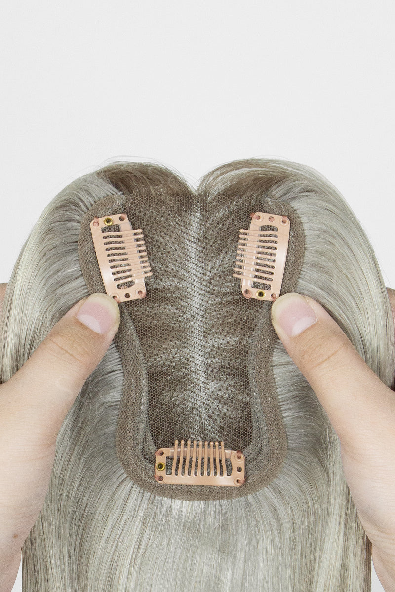 Mona Human Hair Topper Sliver Grey with Dark Brown Root 
