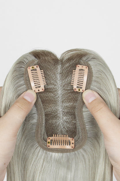 Mona Human Hair Topper Sliver Grey with Dark Brown Root 