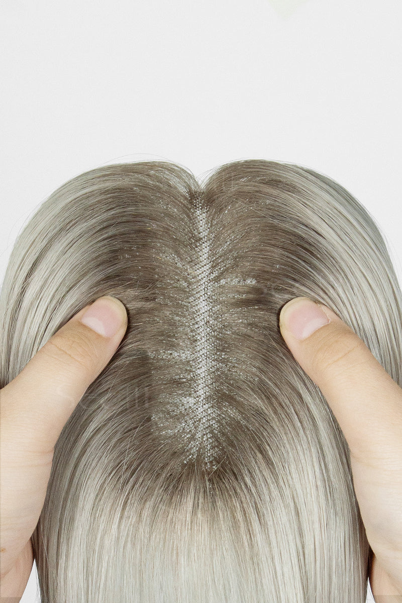 Mona Human Hair Topper Sliver Grey with Dark Brown Root 