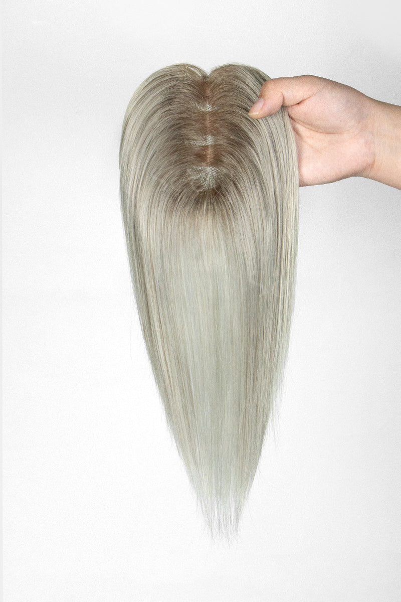 Mona Human Hair Topper Sliver Grey with Dark Brown Root 
