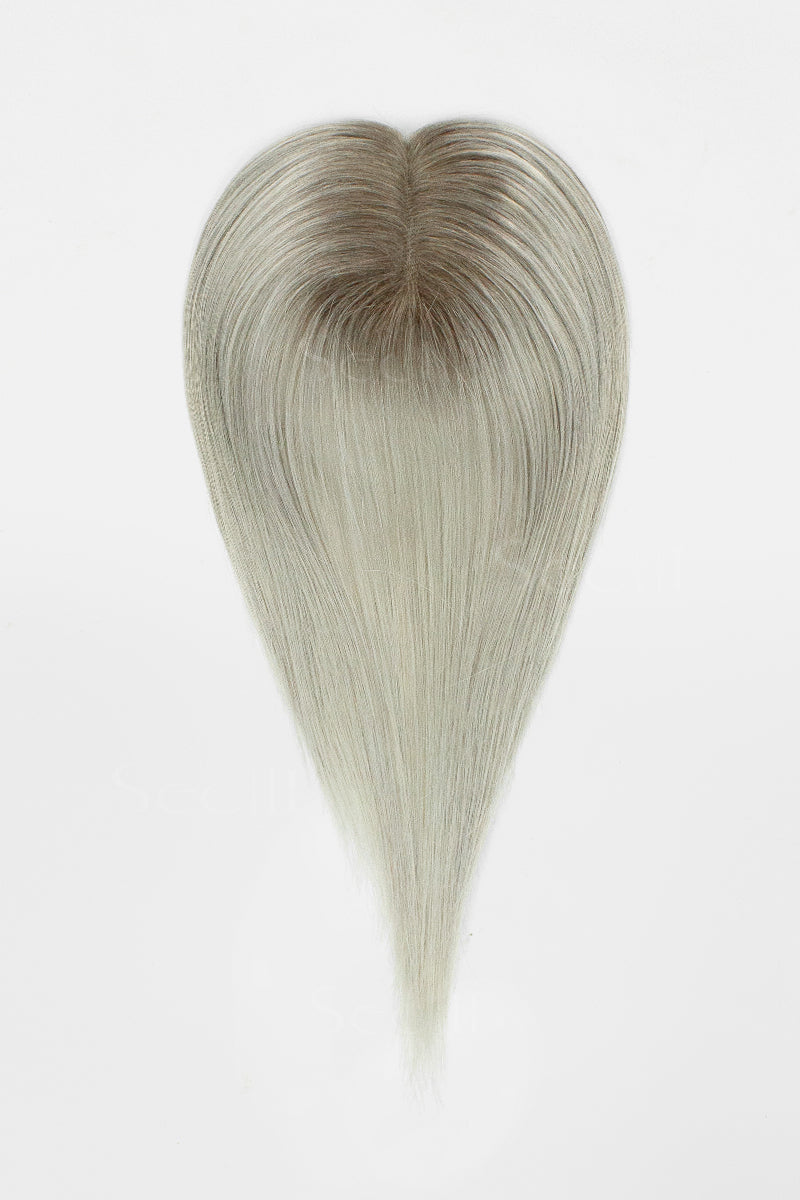 Mona Human Hair Topper Sliver Grey with Dark Brown Root 