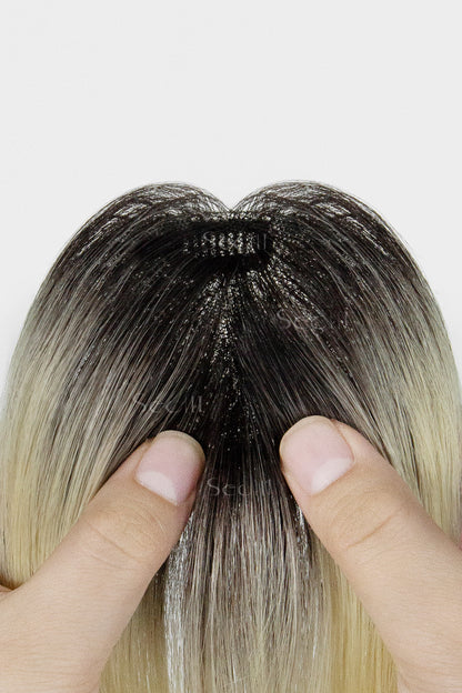 Magic Pixie Topper with Bangs Natural Black Roots with Lightest Blonde 