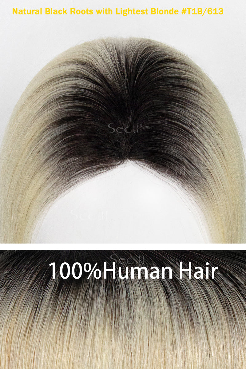 Hair color swatch with natural black roots transitioning to lightest blonde, labeled &