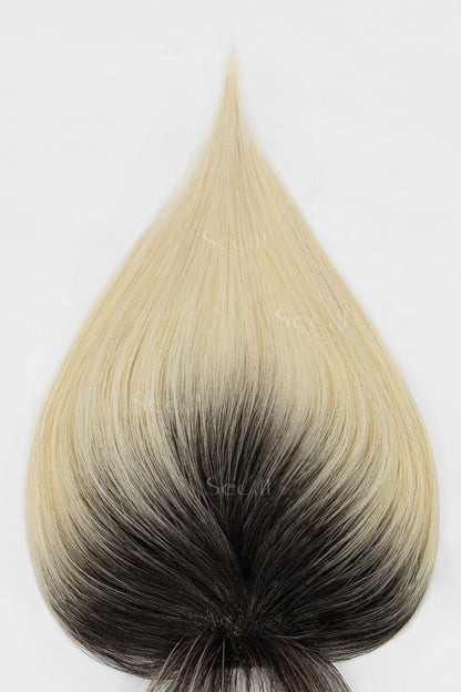 Hair color sample with gradient from blonde to black on a white background