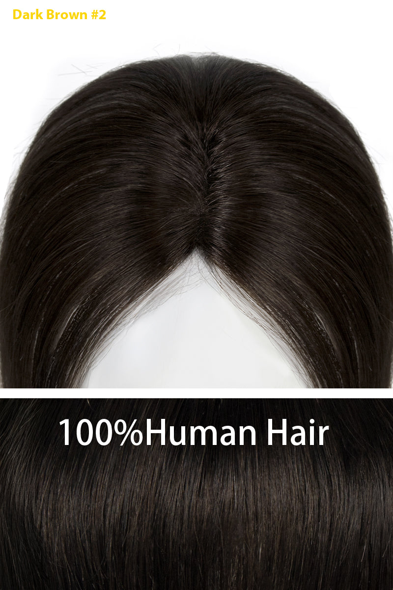 Dark brown Topper labeled as 100% human hair on a white background.