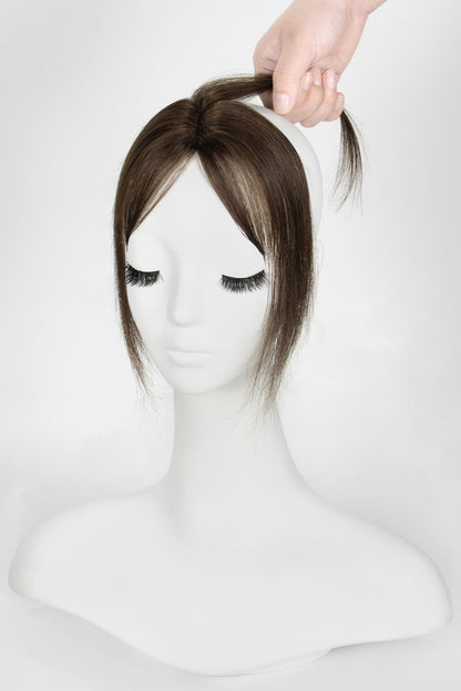 Mannequin head with a Magic Pixie Topper with Bangs Chocolate Brown 