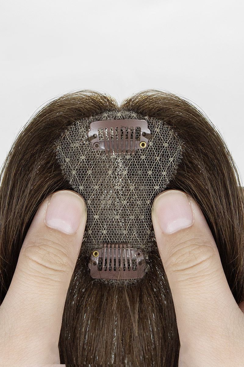 Close-up of Magic Pixie Topper with Bangs Chocolate Brown 