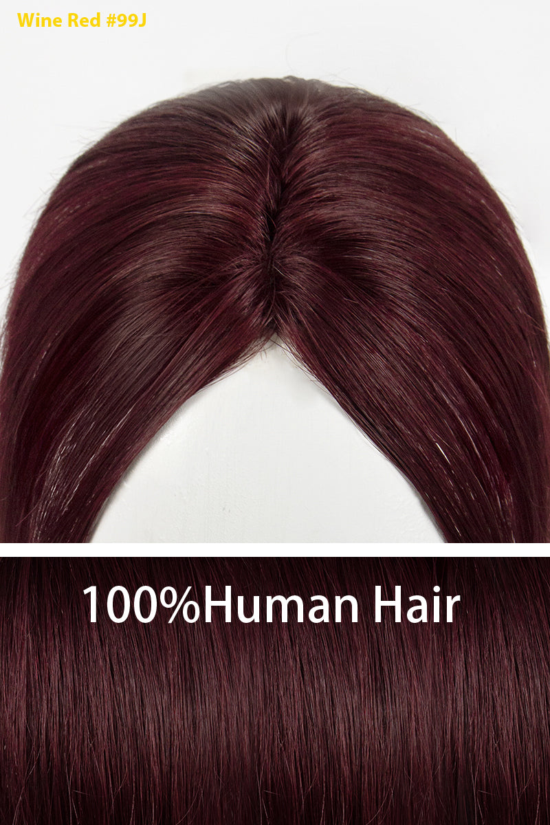 Wine red topper labeled as 100% human hair on a white background