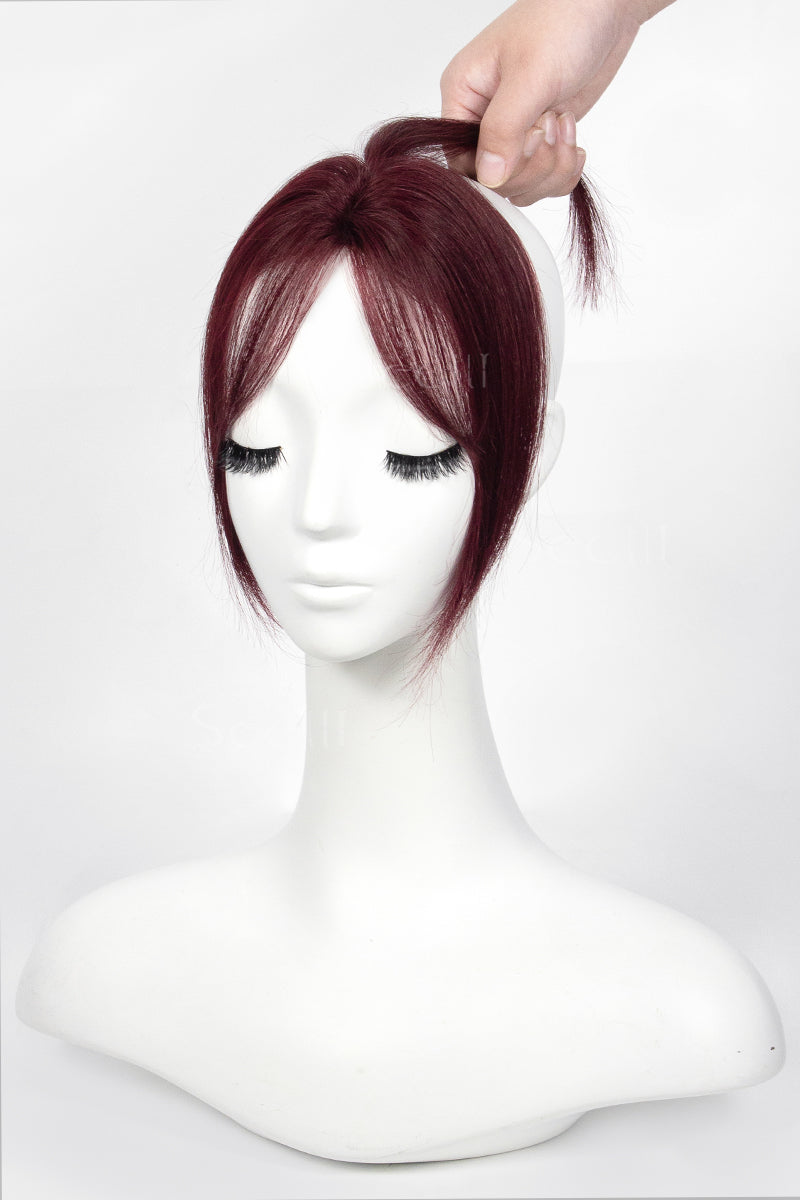 Mannequin head with burgMagic Pixie Topper with Bangs Wine Red 