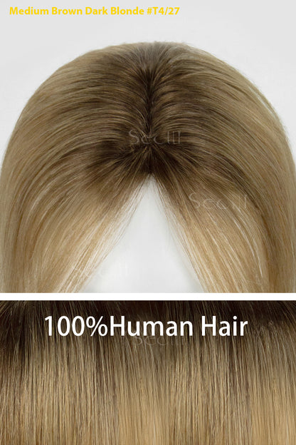 100% human hair topper product with medium brown and dark blonde color on a white background