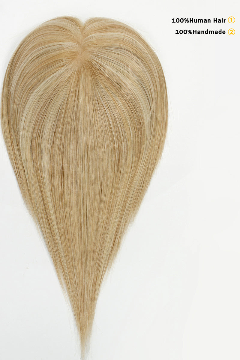 Topper de Cabello Humano Remy con Base de Seda Flavia | Rubio Cálido con Reflejos 