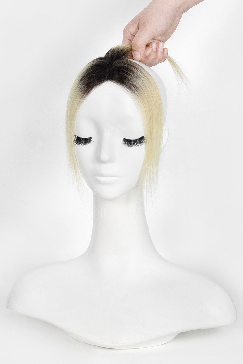 Mannequin head with a Magic Pixie Topper Natural Black Roots with Lightest Blonde 