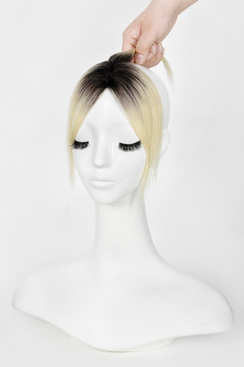 Mannequin head with Magic Pixie Topper Natural Black Roots with Lightest Blonde 
