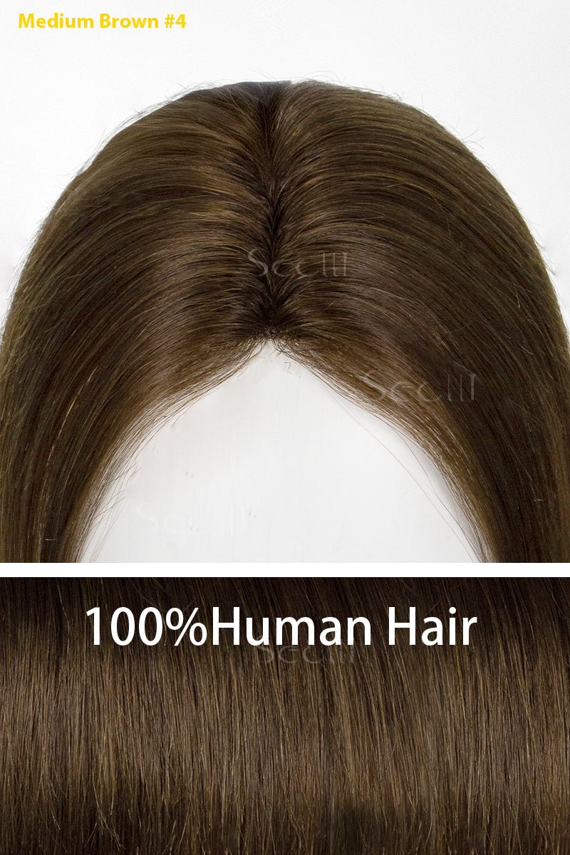 100% human hair topper with medium brown color on a white background