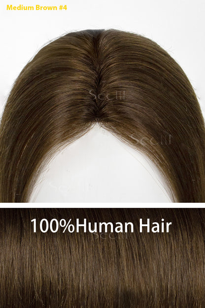 100% human hair topper with medium brown color on a white background