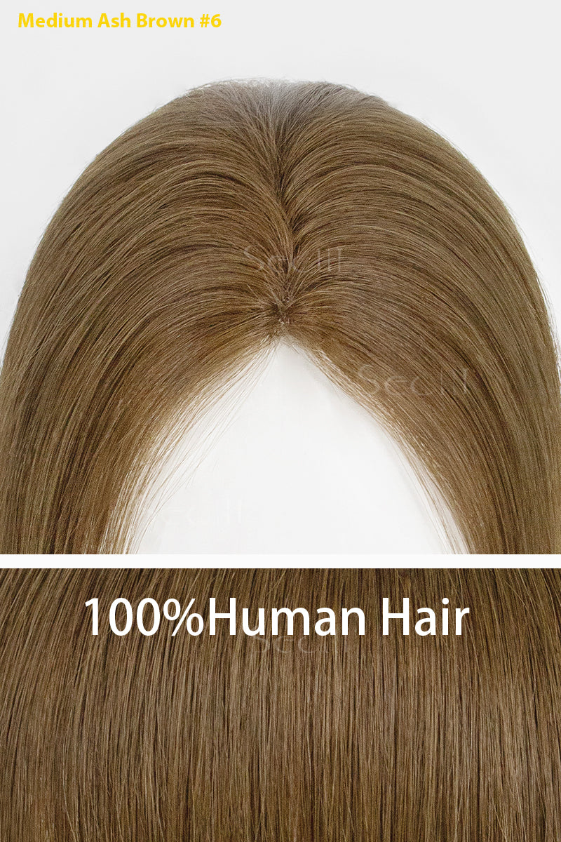 Medium ash brown hair extension labeled as 100% human hair on a white background.
