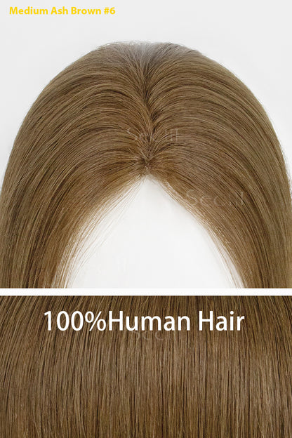 Medium ash brown hair extension labeled as 100% human hair on a white background.