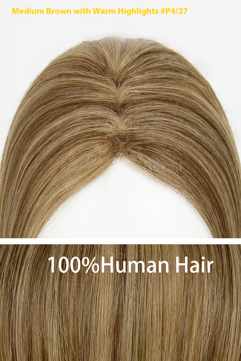 100% human hair with medium brown color and warm highlights on a white background.