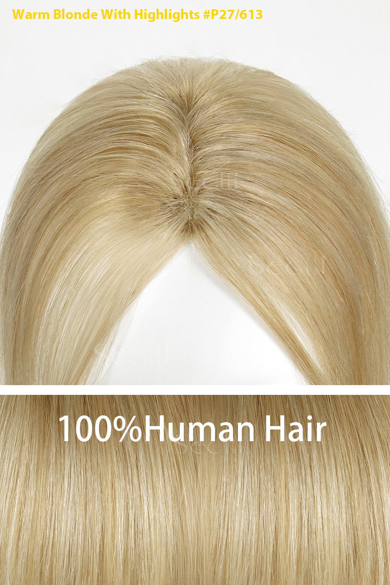 100% human hair topper with warm blonde color and highlights on a white background.