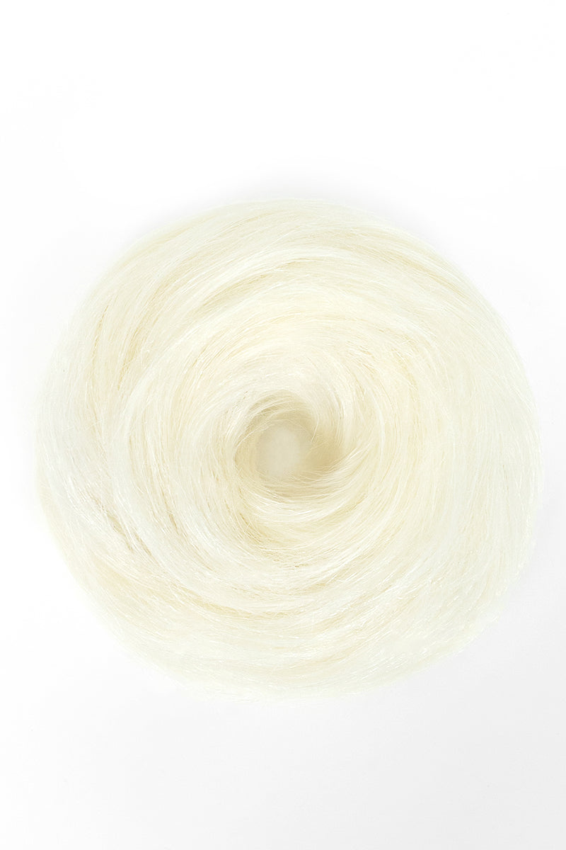 White blonde hair scrunchie arranged in a circular bun shape on a white background.
