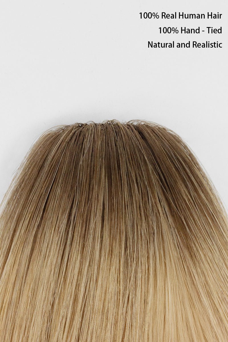 Blonde hair extension with text indicating 100% real human hair and hand-tied quality on a white background.