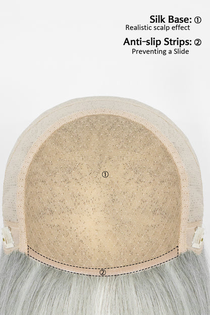 Close-up of a wig cap with text on silk base and anti-slip strips.