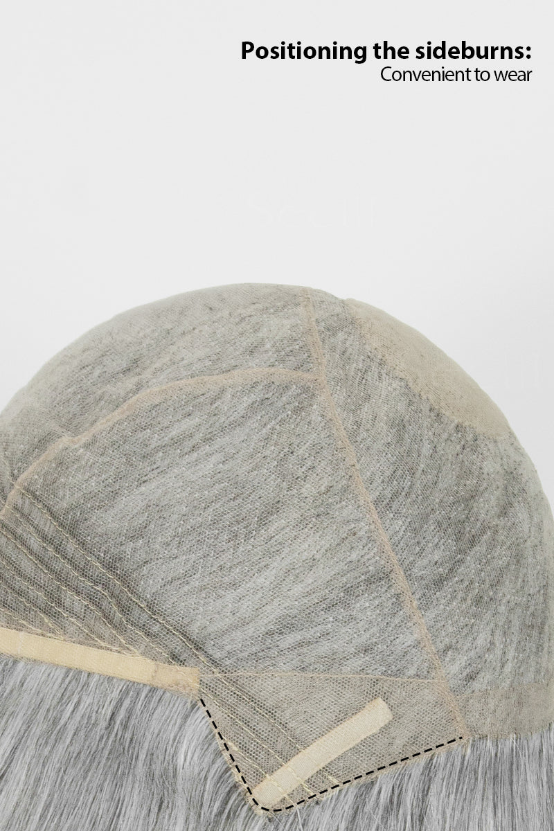 Close-up of wig cap side showing sideburn positioning strip for easy and secure wear