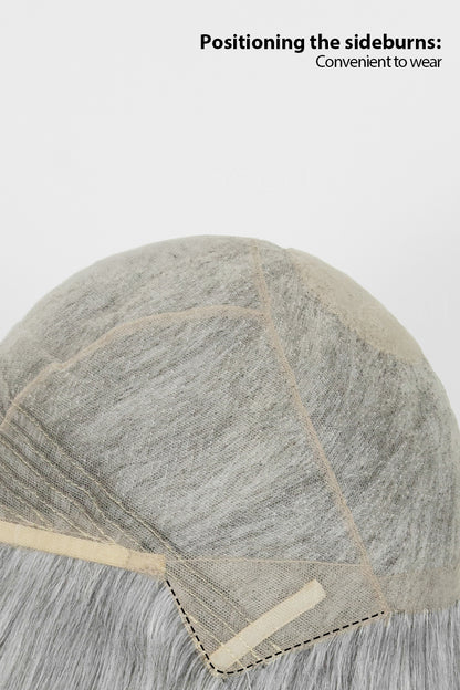 Close-up of wig cap side showing sideburn positioning strip for easy and secure wear