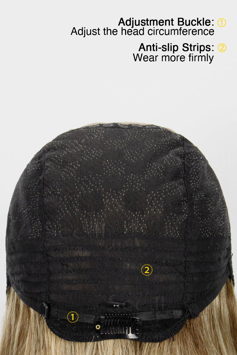 Back view of a wig with adjustment buckle and anti-slip strips on a white background