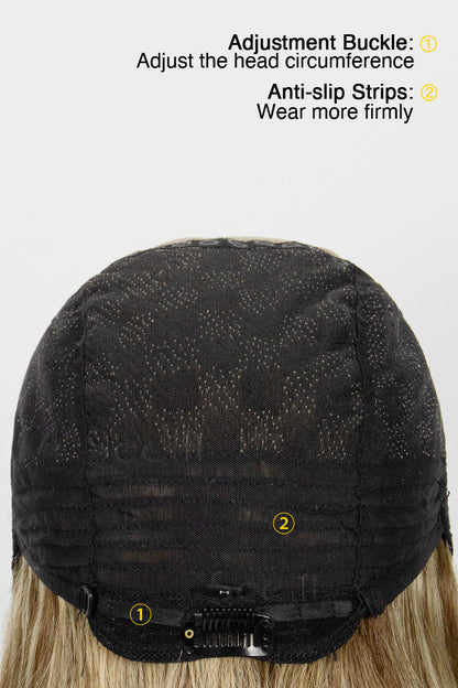 Back view of a wig with adjustment buckle and anti-slip strips on a white background